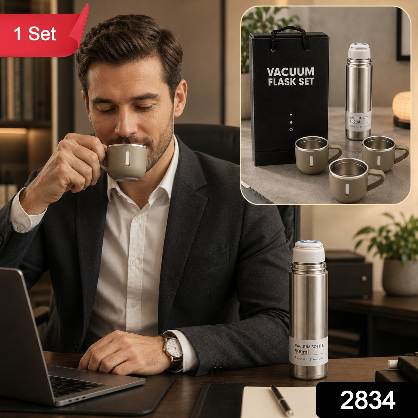A man in a suit sips from a small cup, with a vacuum flask set on the desk and an inset showing the set, with '1 Set' and