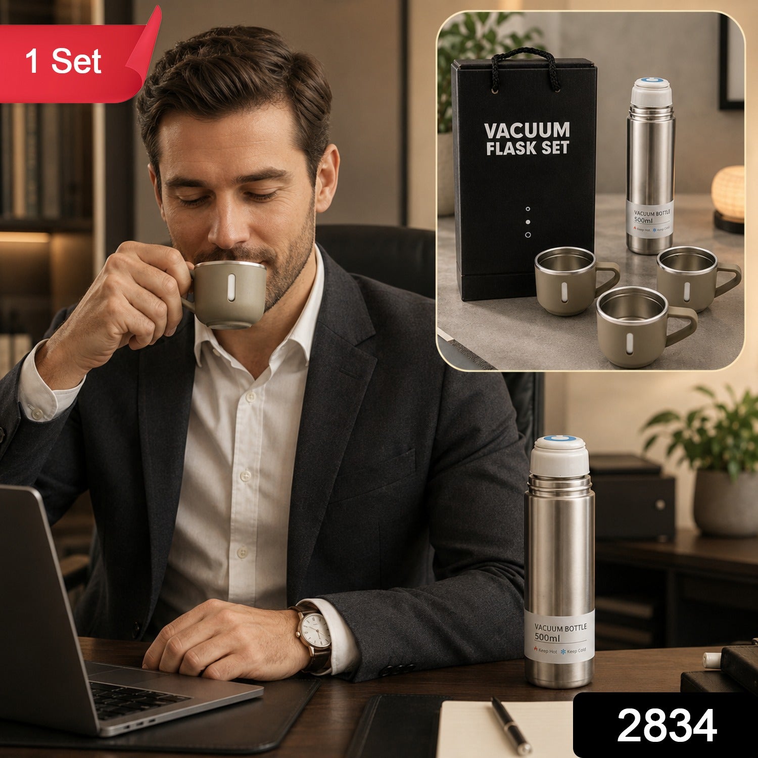A man in a suit sips from a small cup, with a vacuum flask set on the desk and an inset showing the set, with '1 Set' and