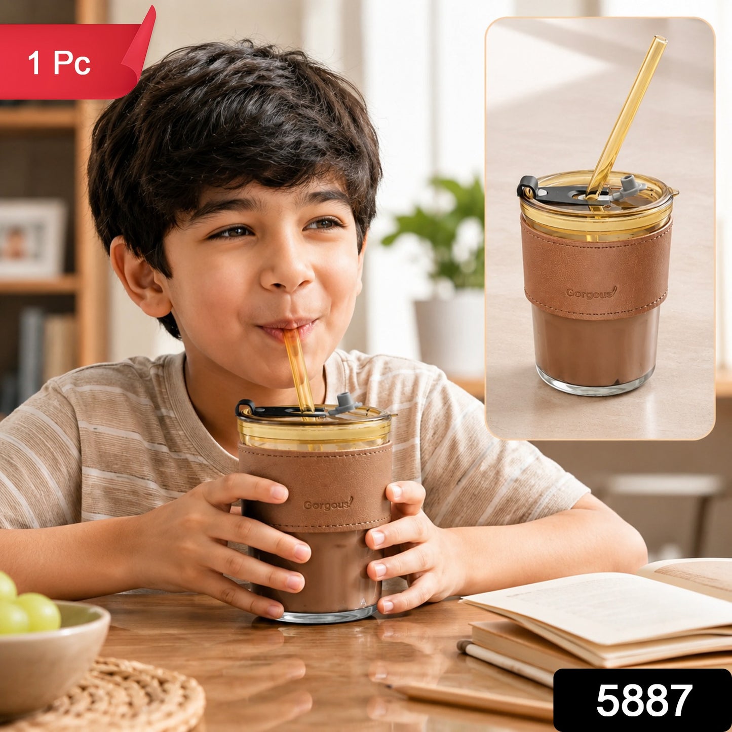 Glass Cup with Straw Lid and Sleeve for Kids Milk and Juice (1 Pc)