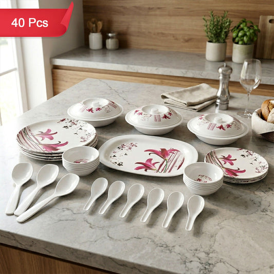 Kalmiya Neelkanth Gold 40 Pcs Melamine Dinner Set with Plates Bowls Serving Set