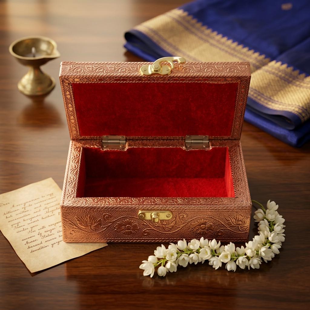 Side view of handcrafted elephant embossed metal jewelry box