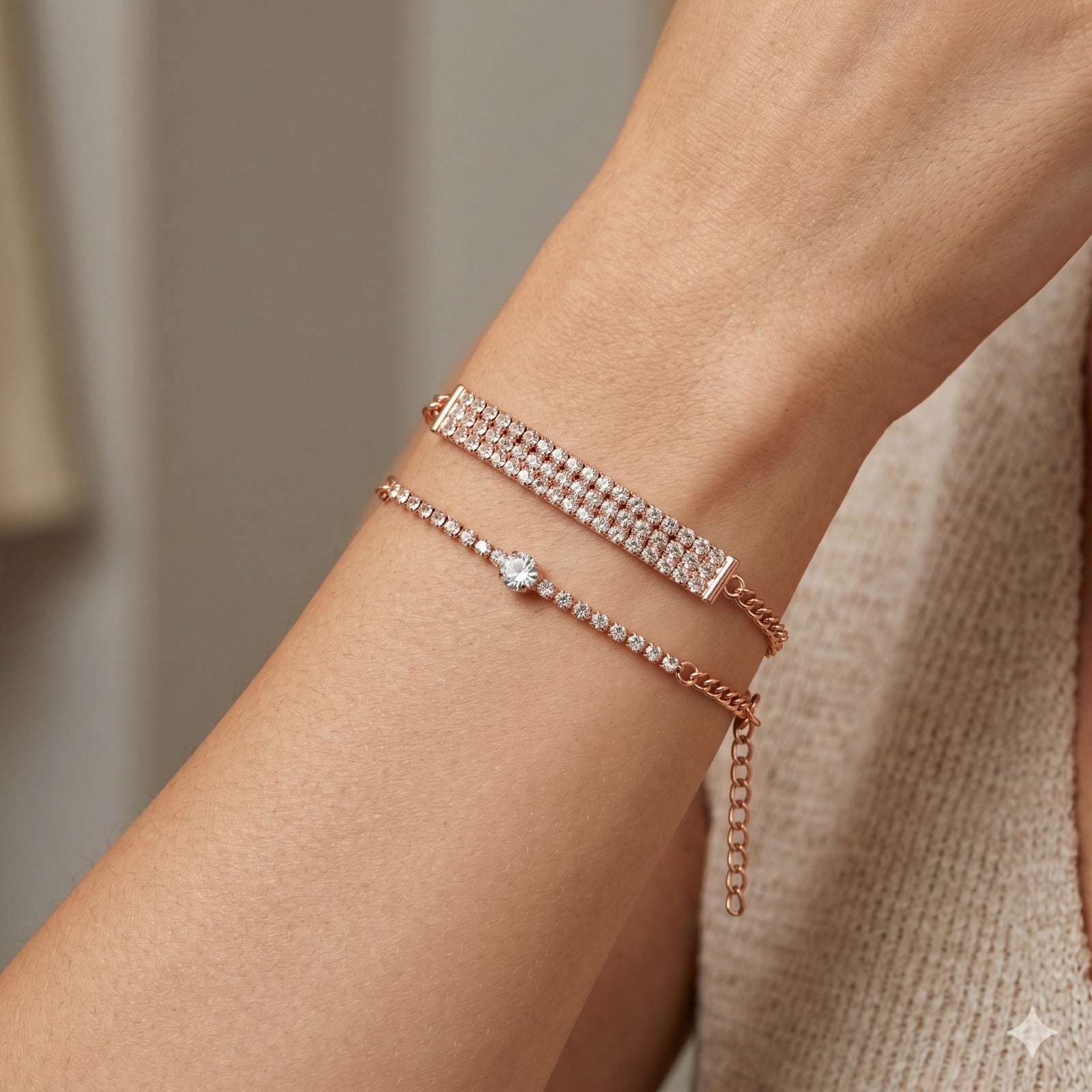 Multiple rose gold plated stone bracelets laid out for versatile styling