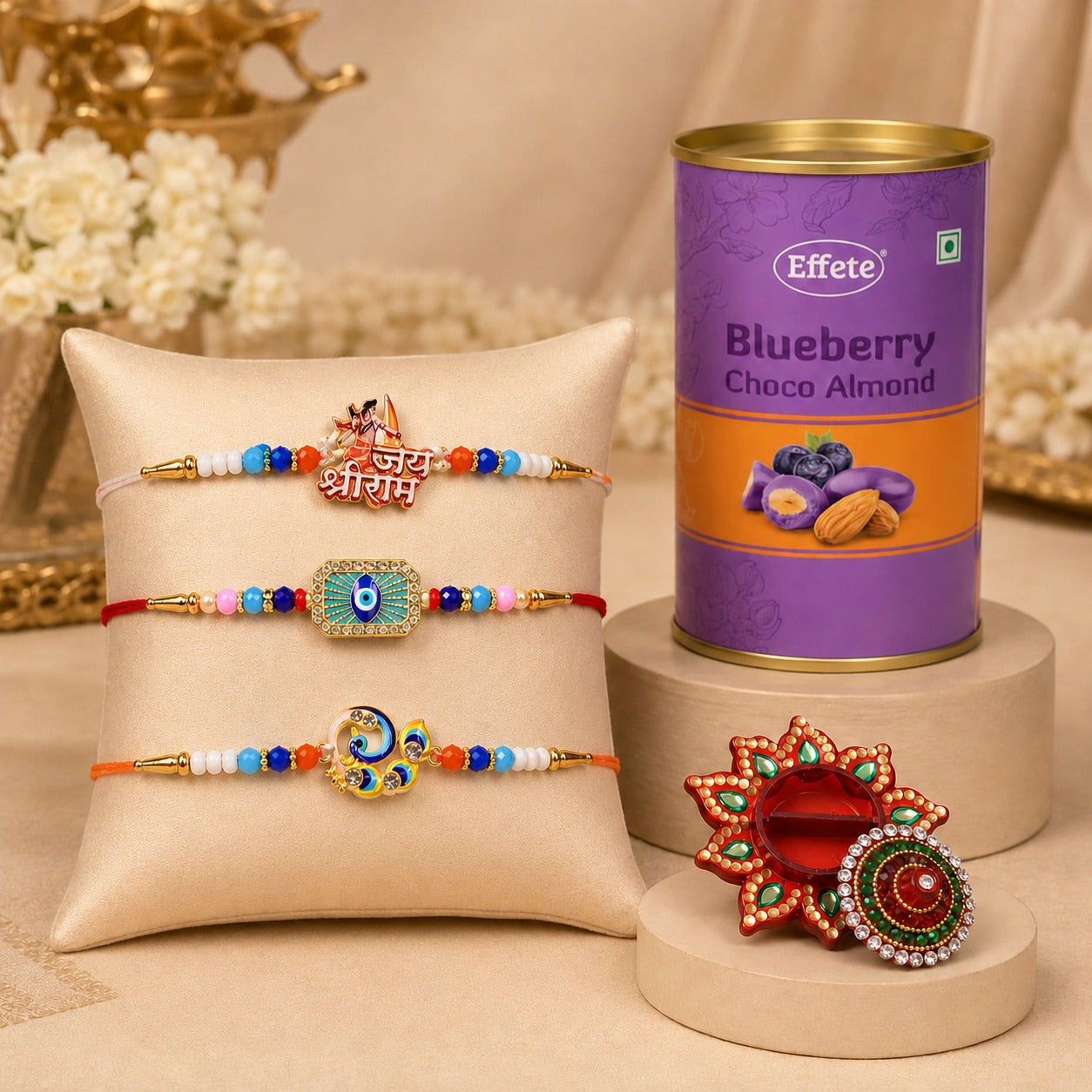 Premium Raksha Bandhan Combo, Handcrafted Rakhi, Kumkum Dani & Gourmet Blue Berry Chocolate Gift Set for Brother (5Pc Combo)