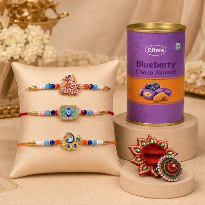 Premium Raksha Bandhan Combo, Handcrafted Rakhi, Kumkum Dani & Gourmet Blue Berry Chocolate Gift Set for Brother (5Pc Combo) product image
