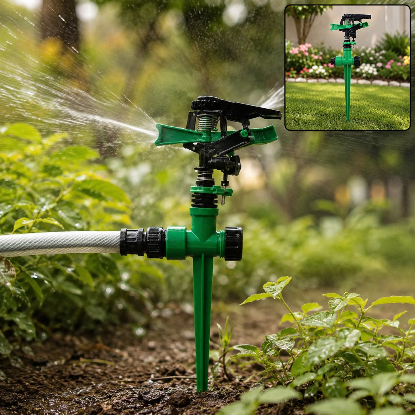 360-Degree Rotating Garden Impact Sprinkler – Adjustable Water Coverage