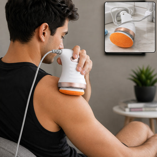 A man in a black tank top uses a white and rose gold massager with an orange pad on his shoulder. An inset shows the