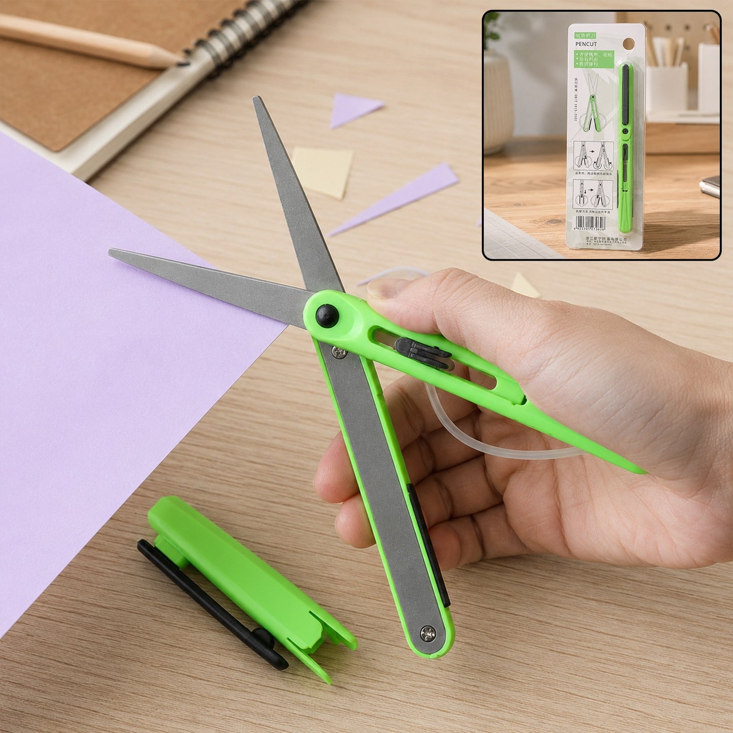 A hand holds green pen-shaped scissors cutting purple paper, with the product packaging in the top right.