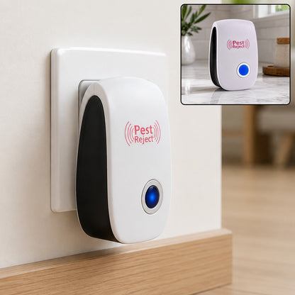 White and black pest repeller plugged into a white wall outlet with a blue indicator light. Inset shows the device on a