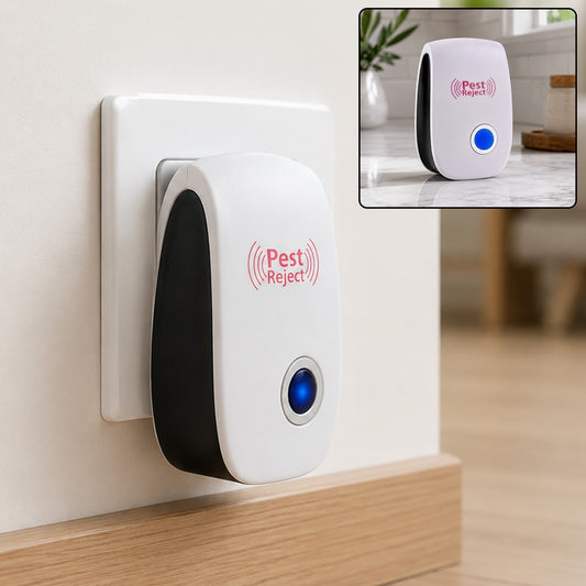 White and black pest repeller plugged into a white wall outlet with a blue indicator light. Inset shows the device on a