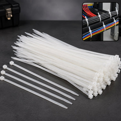 A large pile of white nylon cable ties on a dark surface, with an inset showing them organizing colored wires.