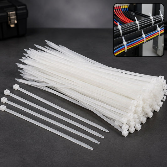 A large pile of white nylon cable ties on a dark surface, with an inset showing them organizing colored wires.