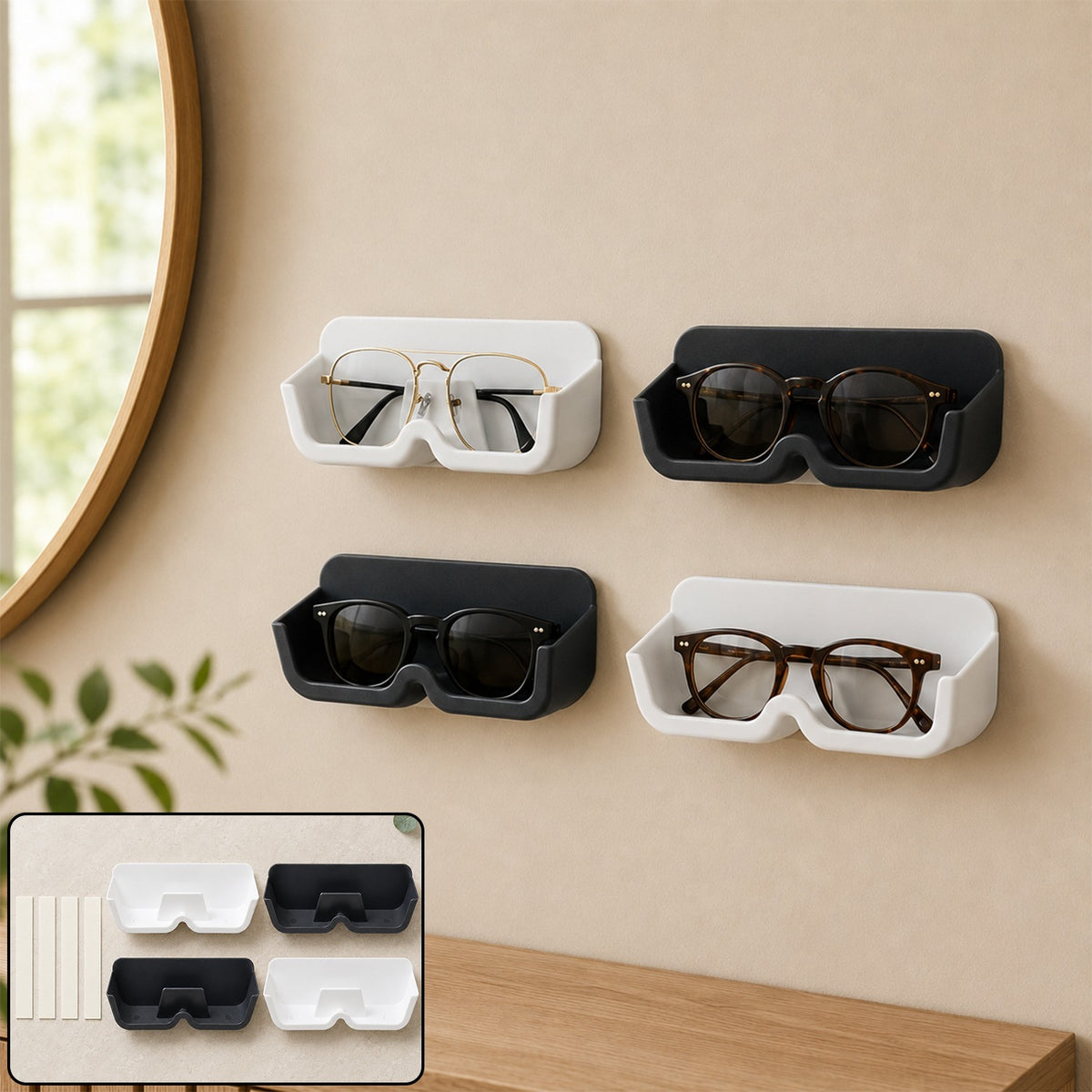 Four wall-mounted glasses holders, two white and two black, each holding a pair of glasses or sunglasses.