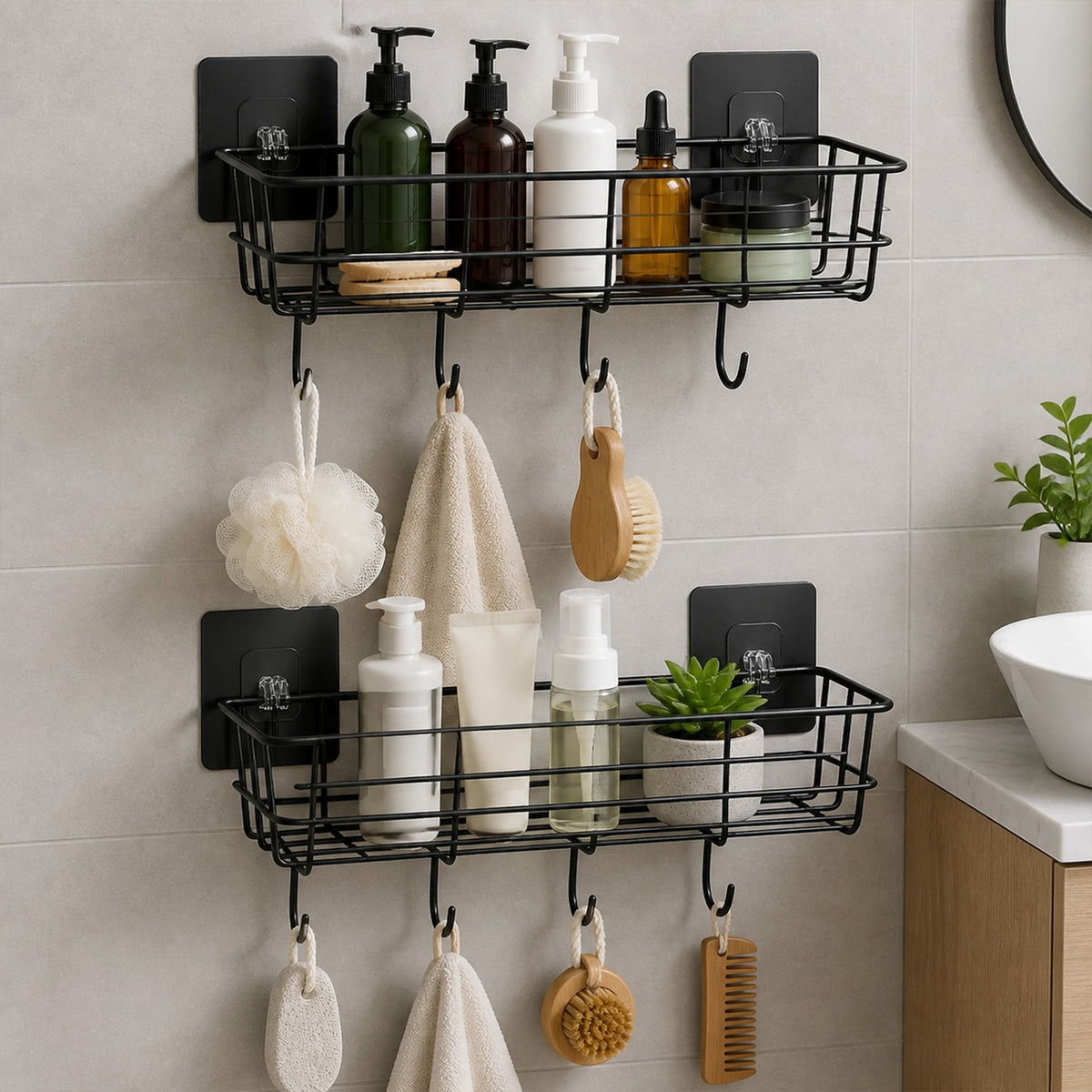 Two black metal wall-mounted storage baskets with hooks, filled with various bathroom products and hanging items.