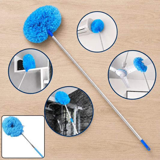 A blue microfiber duster with an extendable handle is shown in use for various cleaning tasks.