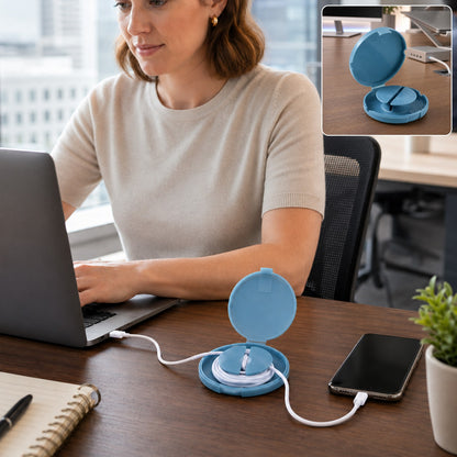 A woman uses a laptop while a blue cable winder case charges a phone on a wooden desk.