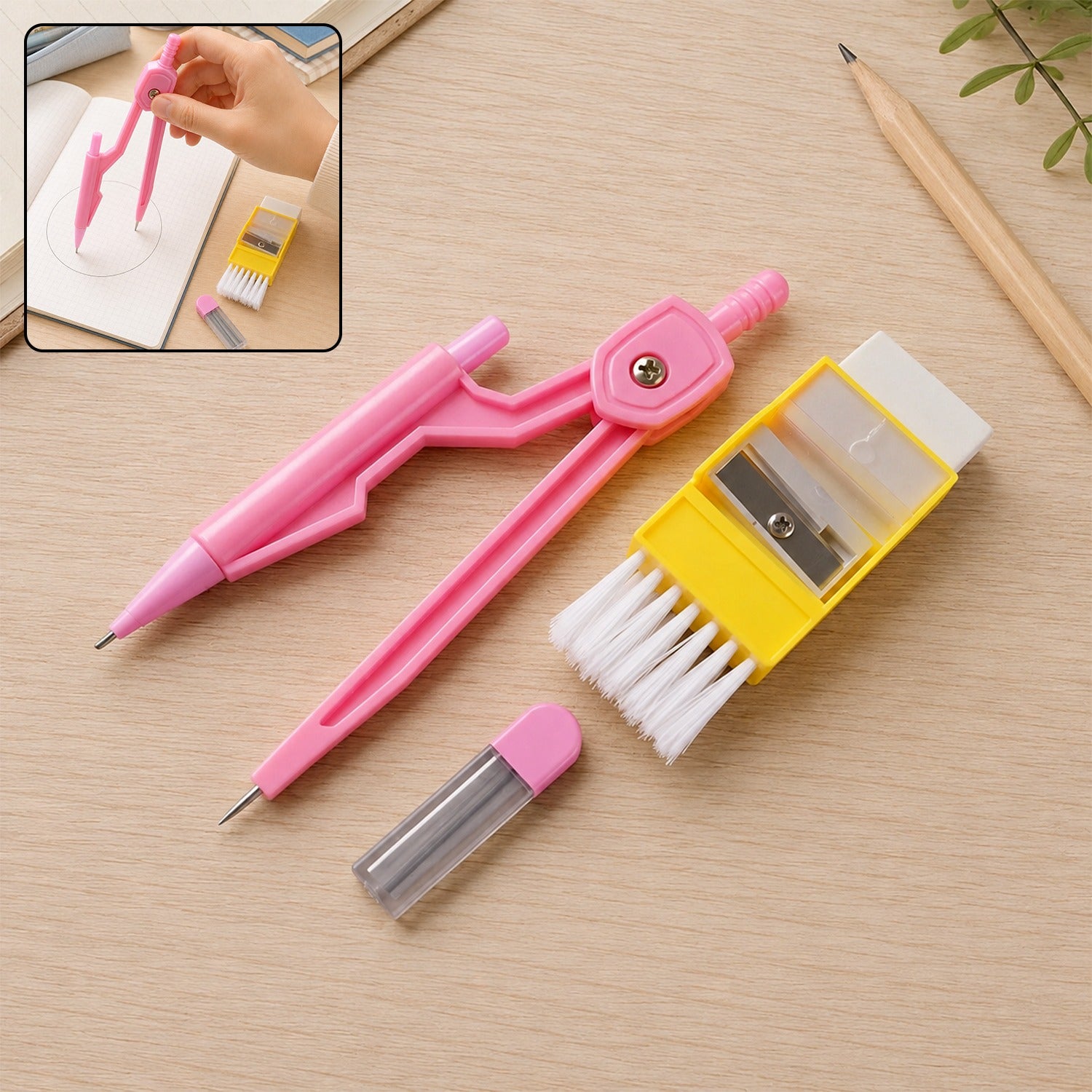 A pink compass, yellow eraser with brush, and lead refills on a wooden desk with a notebook and pencil.