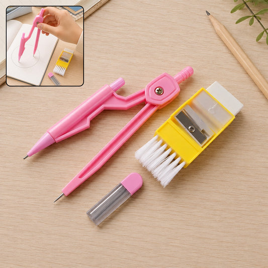 A pink compass, yellow eraser with brush, and lead refills on a wooden desk with a notebook and pencil.