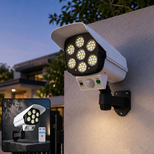 White dummy security camera with seven bright LED lights mounted on a light gray wall at dusk, illuminating the area below.