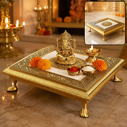 Pooja Chowki – Golden Square Wooden Bajot (20x20 CM) | Styleva