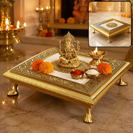 Pooja Chowki – Golden Square Wooden Bajot (20x20 CM) | Styleva