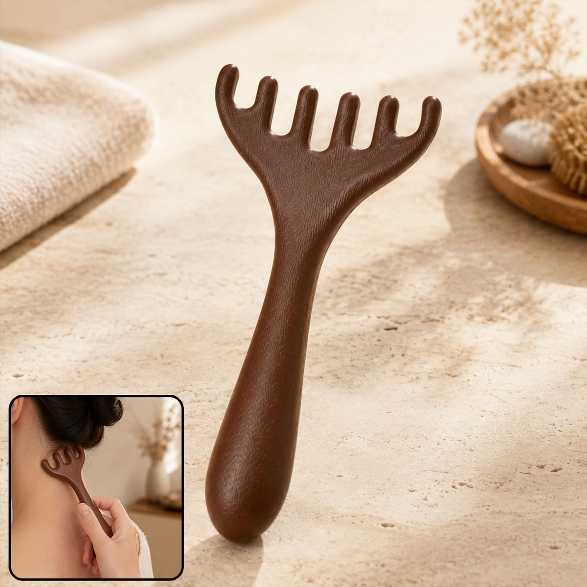 A brown plastic head massager with five prongs, next to a folded towel and bath brush.