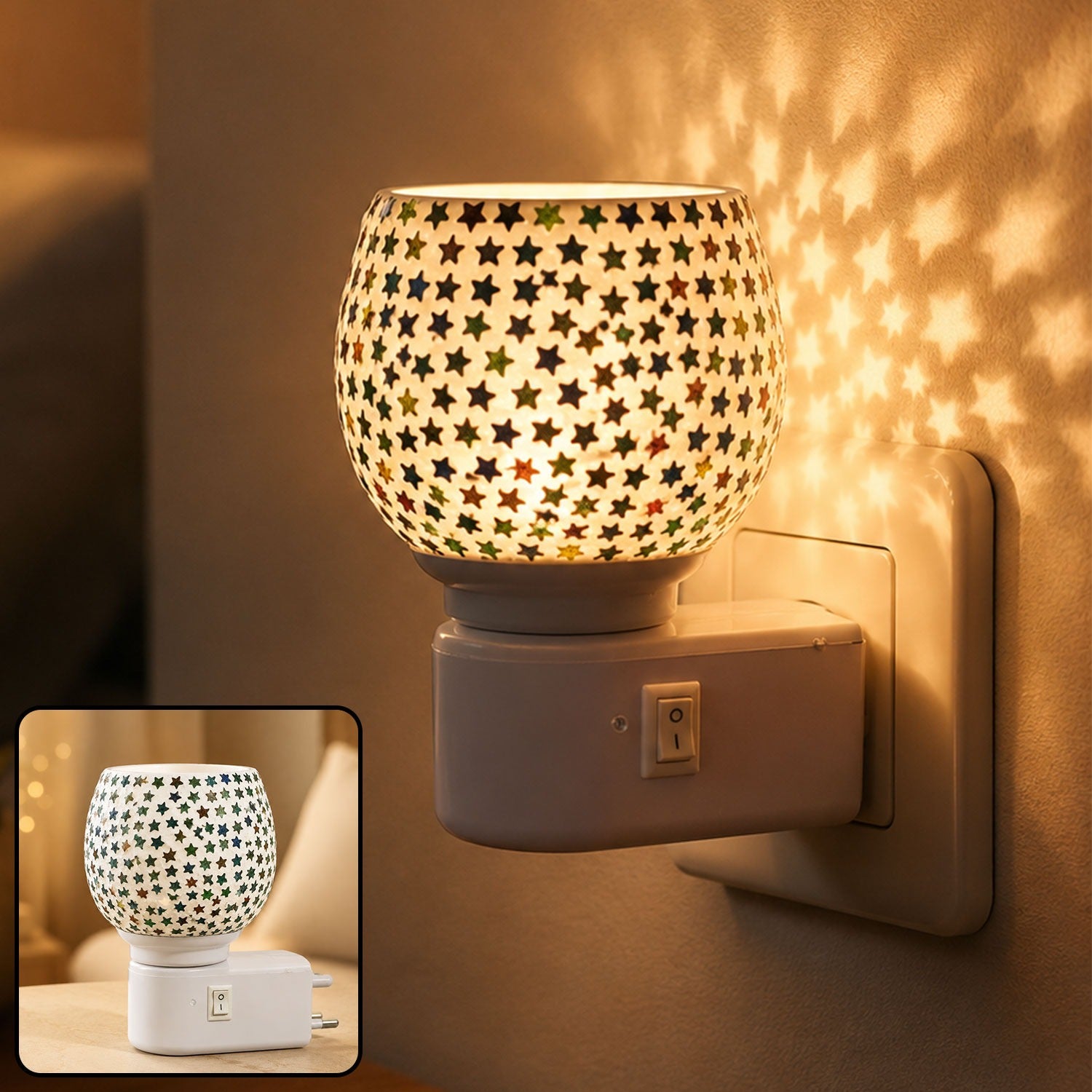 Star Pattern Mosaic Night Lamp – Warm Ambient Plug-In Light