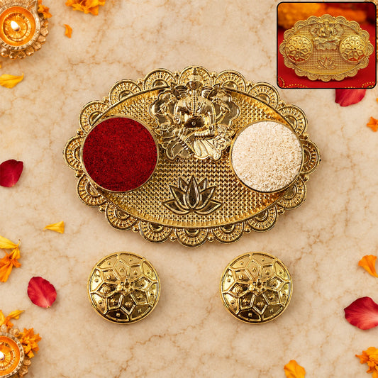 Ganesh Embossed Roli-Chawal Kumkum Chopra – Antique Gold Finish
