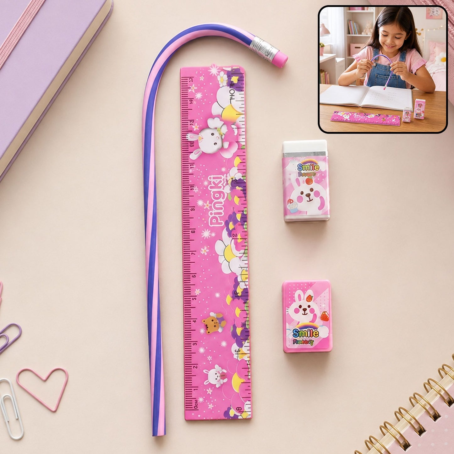 Pink Kids Stationery Set – 4-in-1 School Essentials