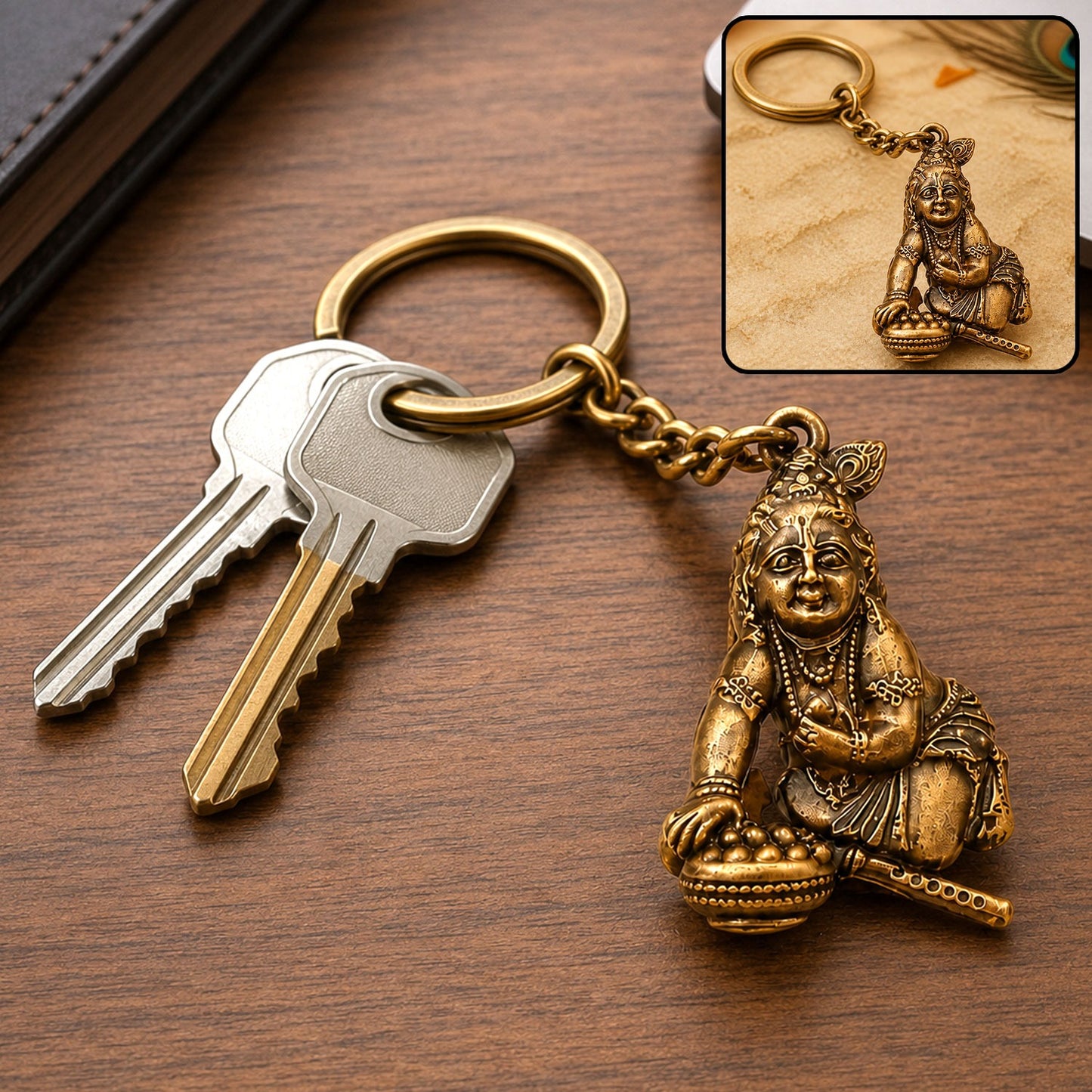 Bal Krishna Makhan Chor Keychain – Premium Antique Gold Finish
