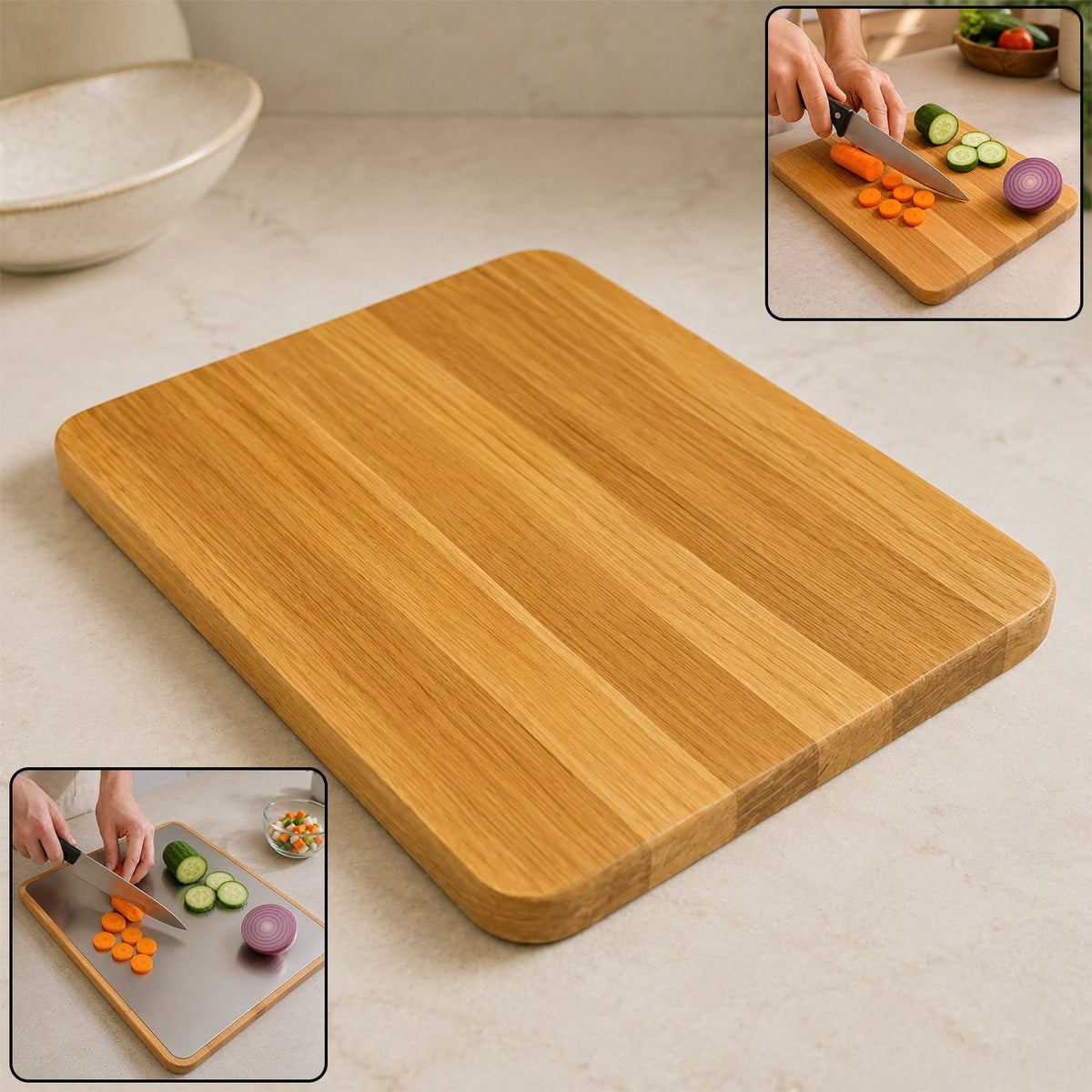 Steel Oak Cutting Board – Durable 35x25 cm with Wooden Handle
