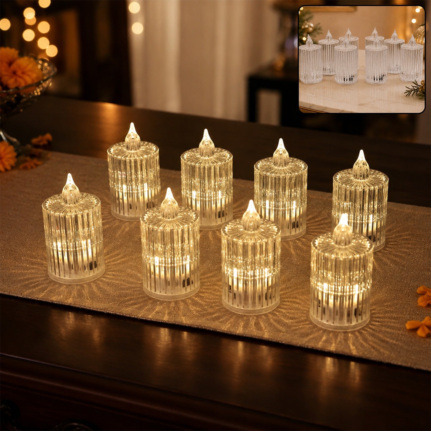 LED Flameless Candle Lights – Premium Crystal Effect, Set of 8