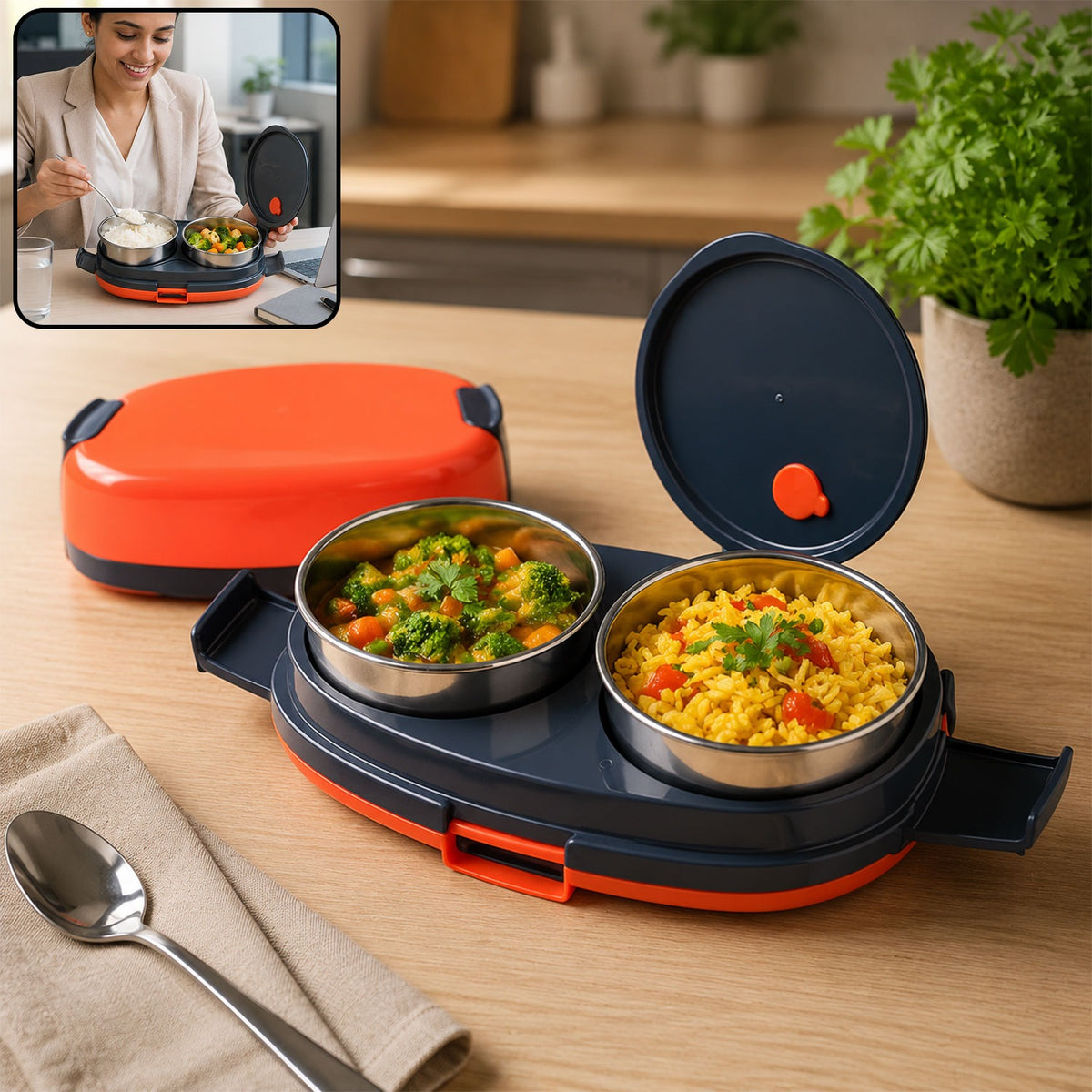 Electric Lunch Box – Dual Stainless Steel Containers for Hot Meals