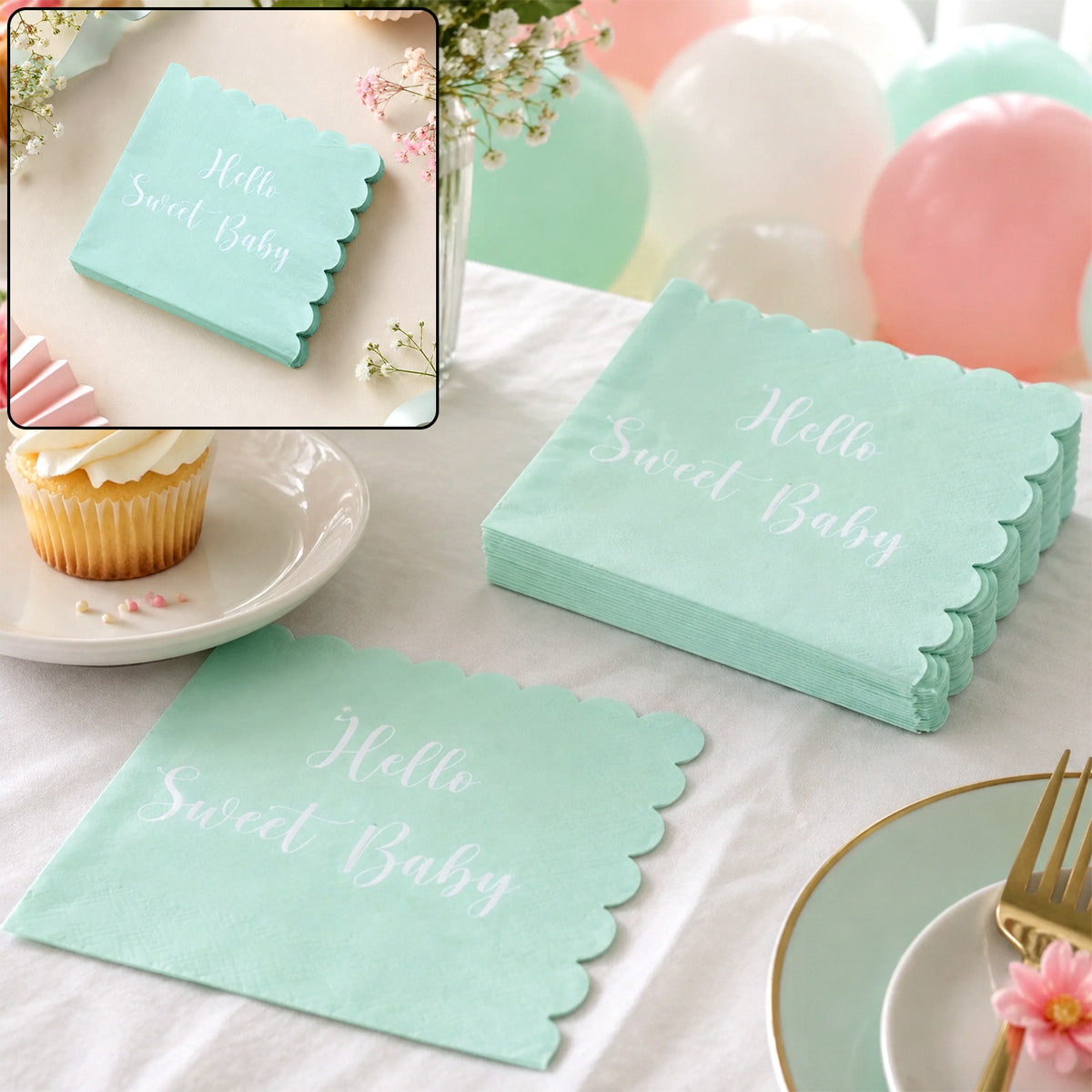 Hello Sweet Baby Party Paper Napkins – Soft Mint Green 24 Pc