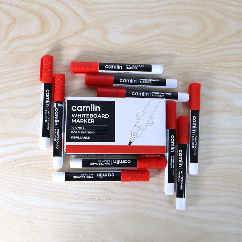 Camlin Whiteboard Marker – Red Colour, Bold Writing, Refillable Whiteboard Markers – Pack of 10