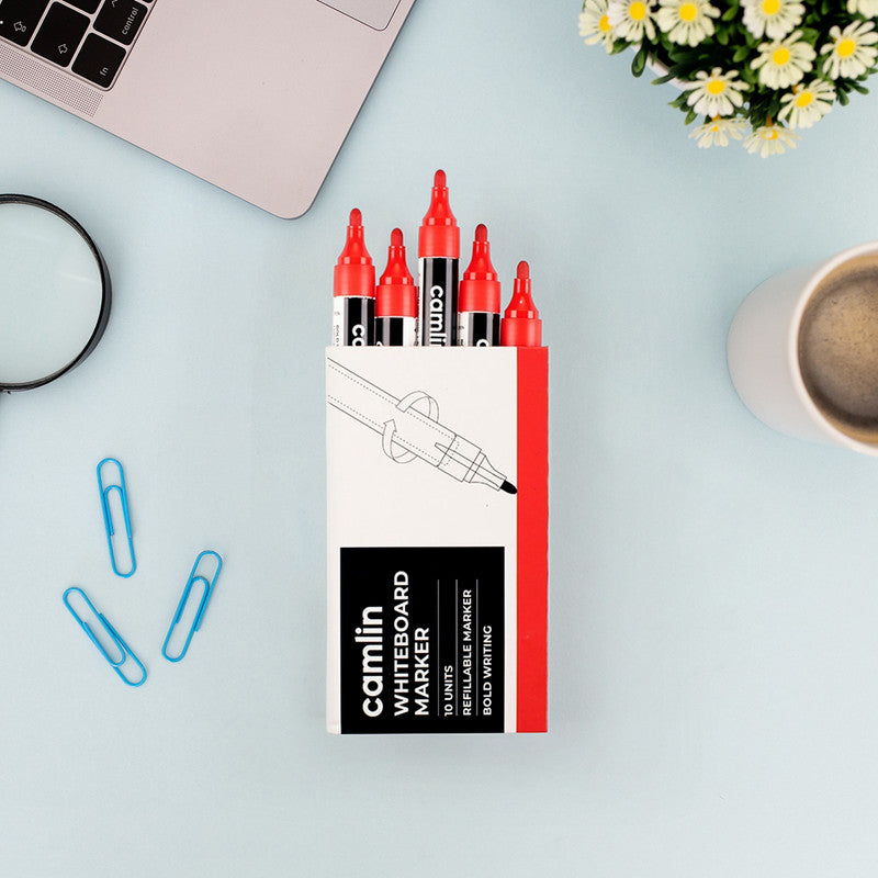 Camlin Whiteboard Marker – Red Colour, Bold Writing, Refillable Whiteboard Markers – Pack of 10