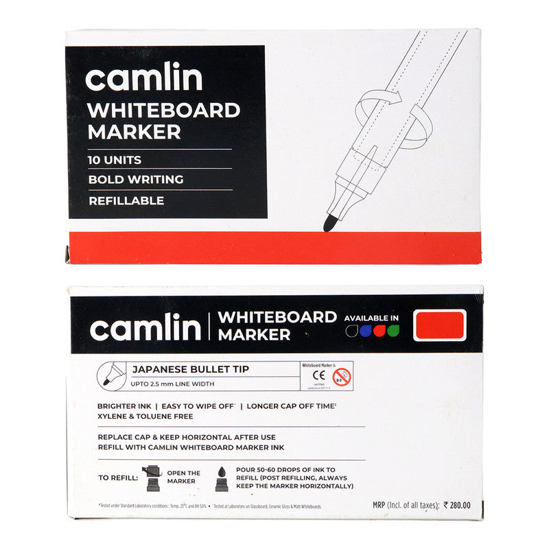 Camlin Whiteboard Marker – Red Colour, Bold Writing, Refillable Whiteboard Markers – Pack of 10