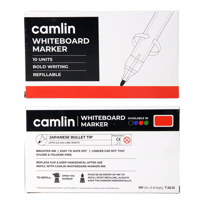 Camlin Whiteboard Marker – Red Colour, Bold Writing, Refillable Whiteboard Markers – Pack of 10