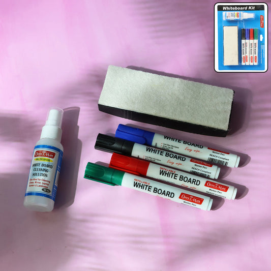 Whiteboard Starter Kit – 4 Refillable Markers, Duster & Cleaning Solution (50ml) for Smooth Writing & Easy Erasing