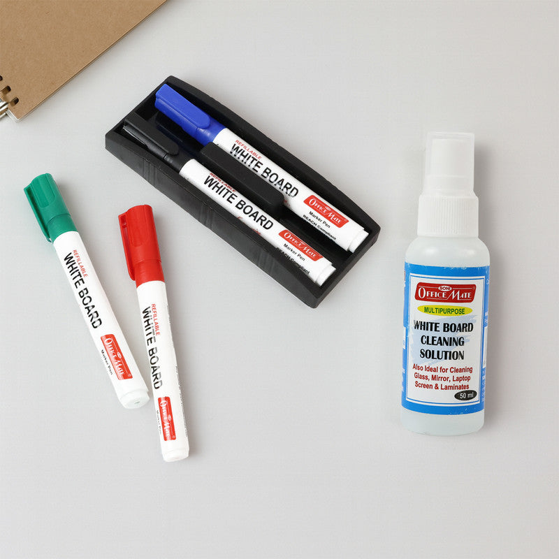Whiteboard Starter Kit – 4 Refillable Markers, Duster & Cleaning Solution (50ml) for Smooth Writing & Easy Erasing