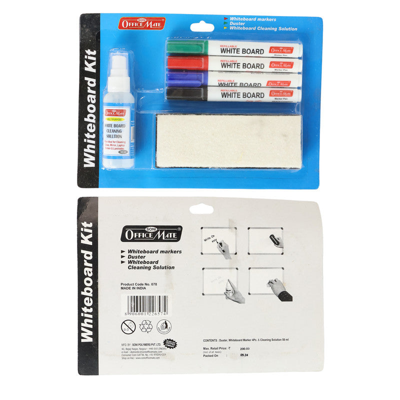Whiteboard Starter Kit – 4 Refillable Markers, Duster & Cleaning Solution (50ml) for Smooth Writing & Easy Erasing
