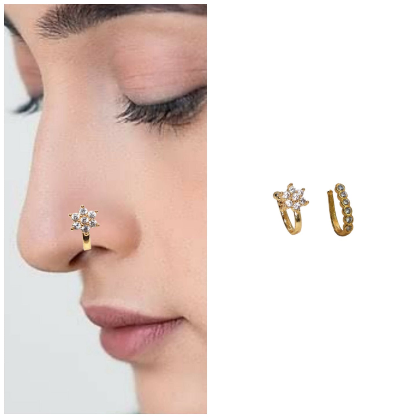 CZ Flower & Line Non-Piercing Nose Ring/Nath Combo Set Combo Pack of 2