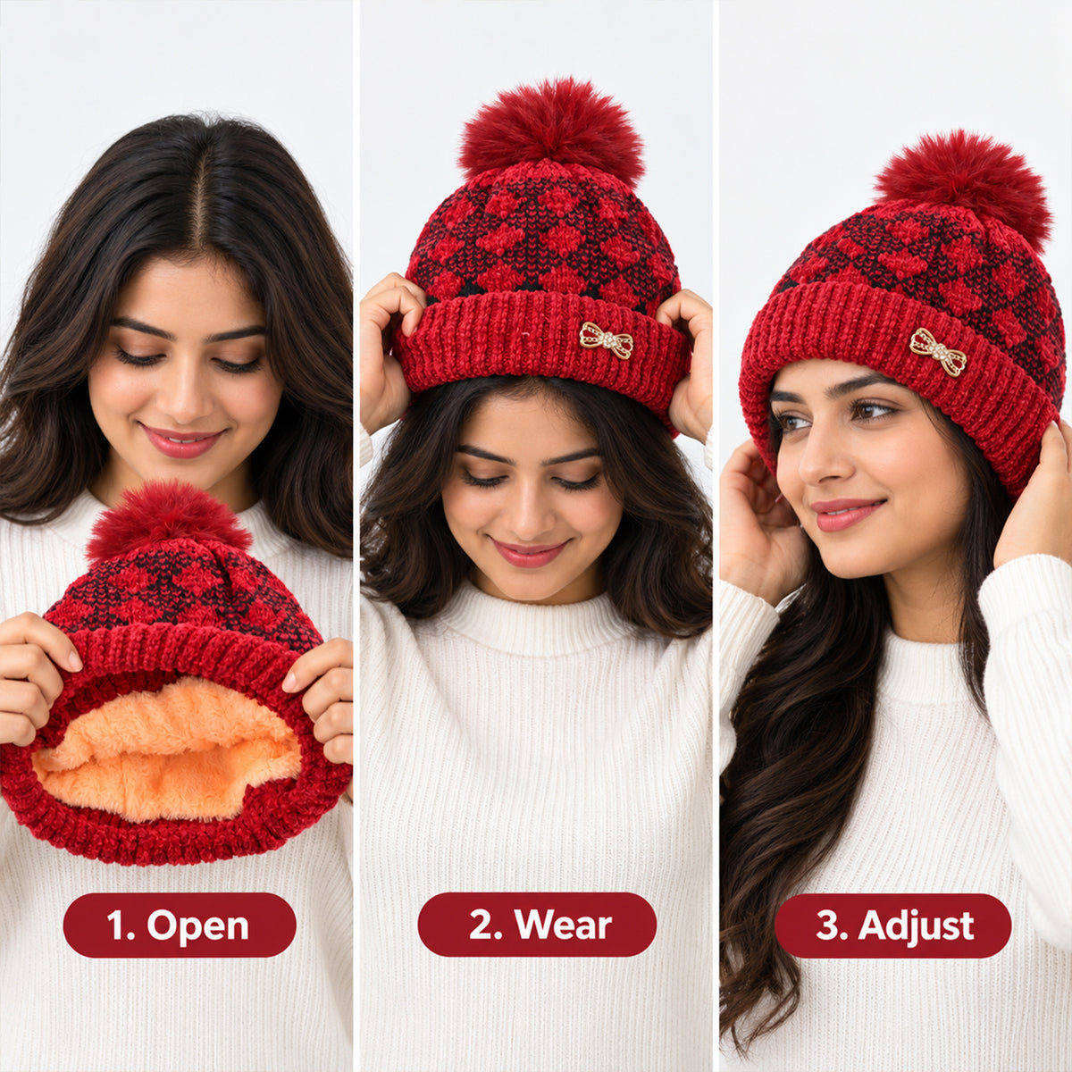 Soft Warm Knitted Winter Beanie Caps with Pom Pom and Inner Lining (1 Pc)