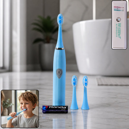 A white battery operated electric toothbrush standing upright with its brush head.