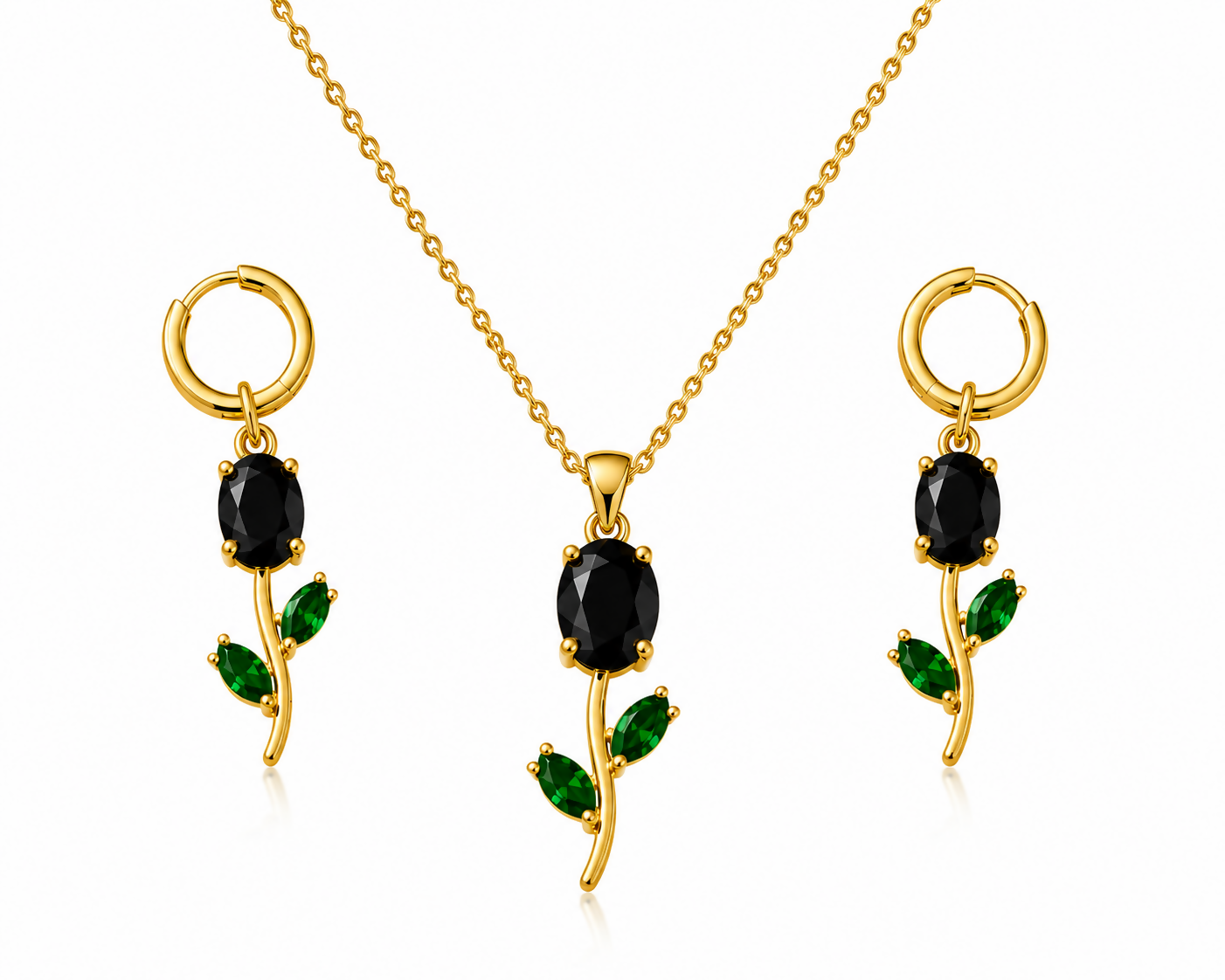 Model showcasing the elegant gold-plated necklace and matching earrings.
