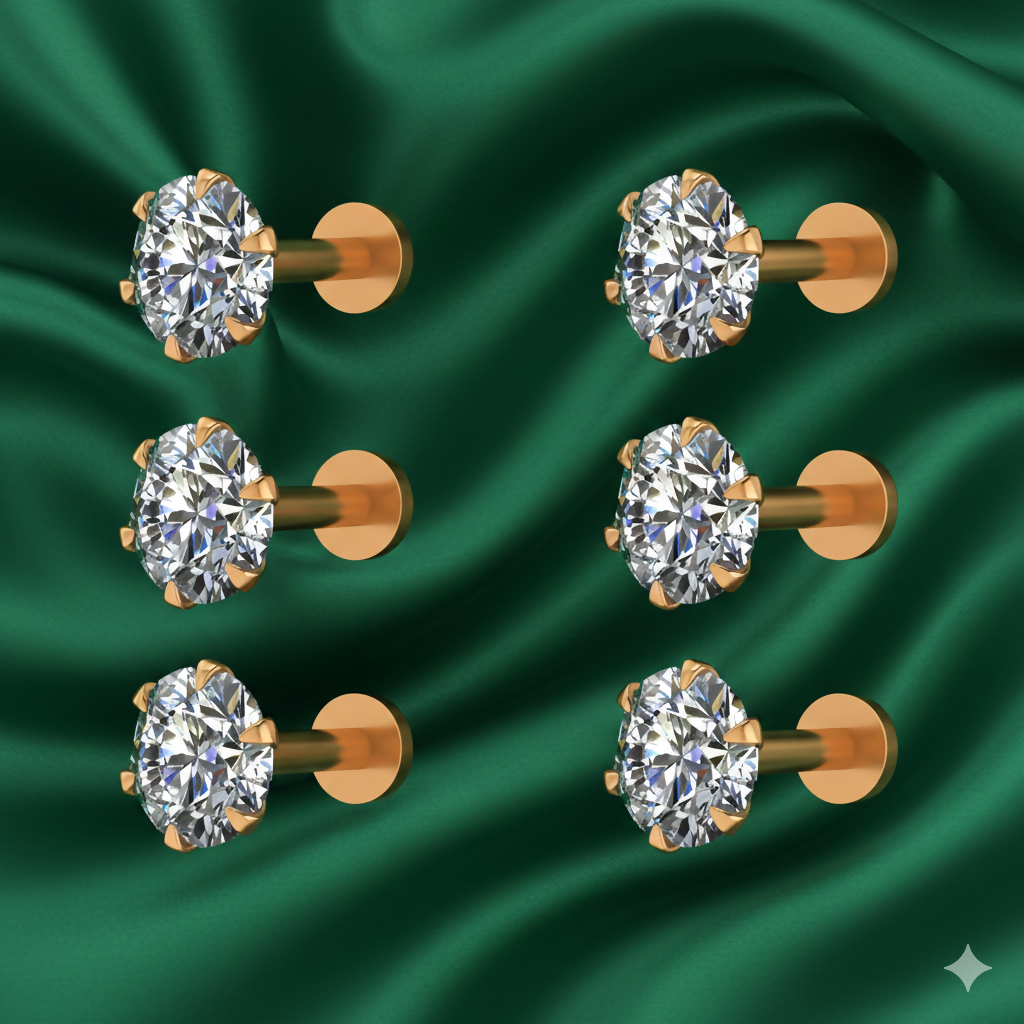 Gold plated AD Stud Earrings Flat Back Labret Piercing for women and girls Combo Pack of 6