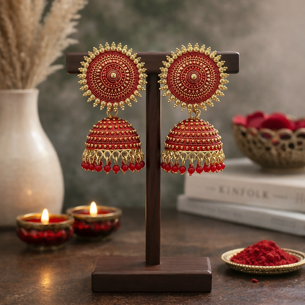 TRADITIONAL ELEGANT OXIDISED JHUMKA EARINGS IN RED COLOUR
