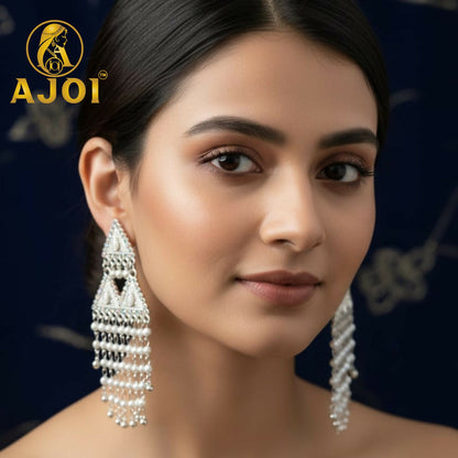 Royal Pearl Drop Silver Designer Earrings with Elegant Dangling Tassels