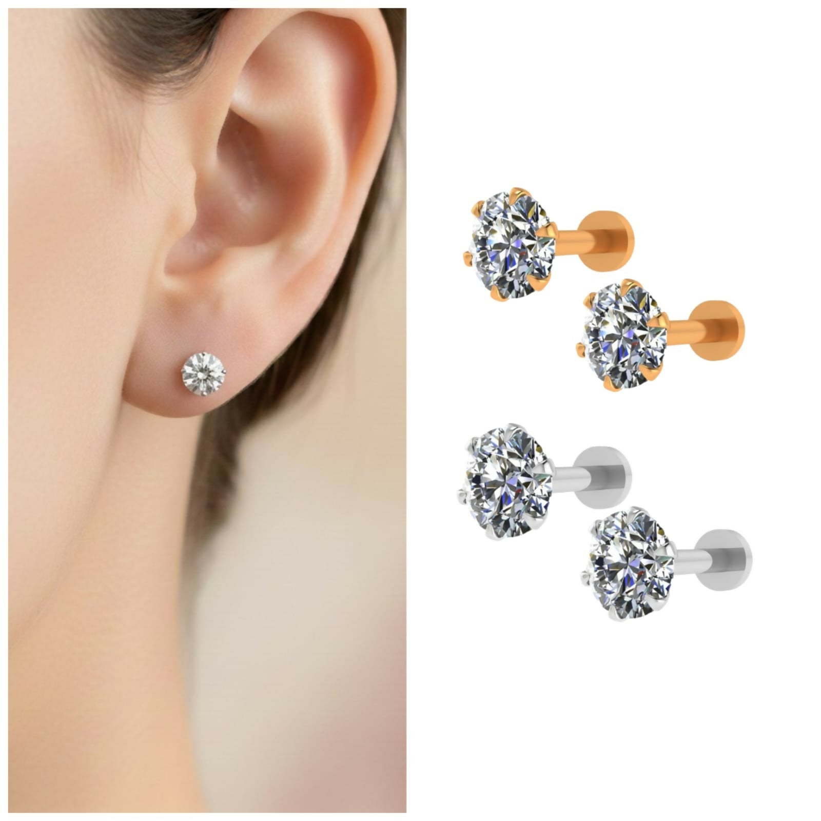 Silver plated round CZ solitaire flat back stud earrings front view