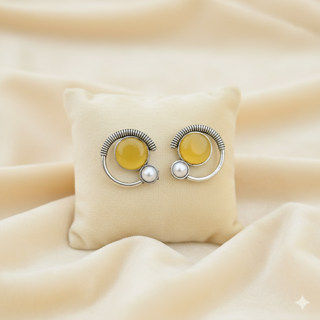 Oxidized silver stud earrings with yellow citrine glass and pearl accents