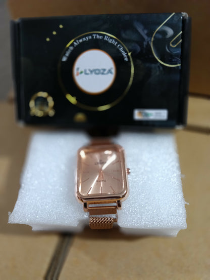 Gold Square Analog Watch with Mesh Strap